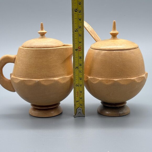 Vintage Wooden Creamer & Sugar Bowl Set with Spoon - Picture 6 of 6